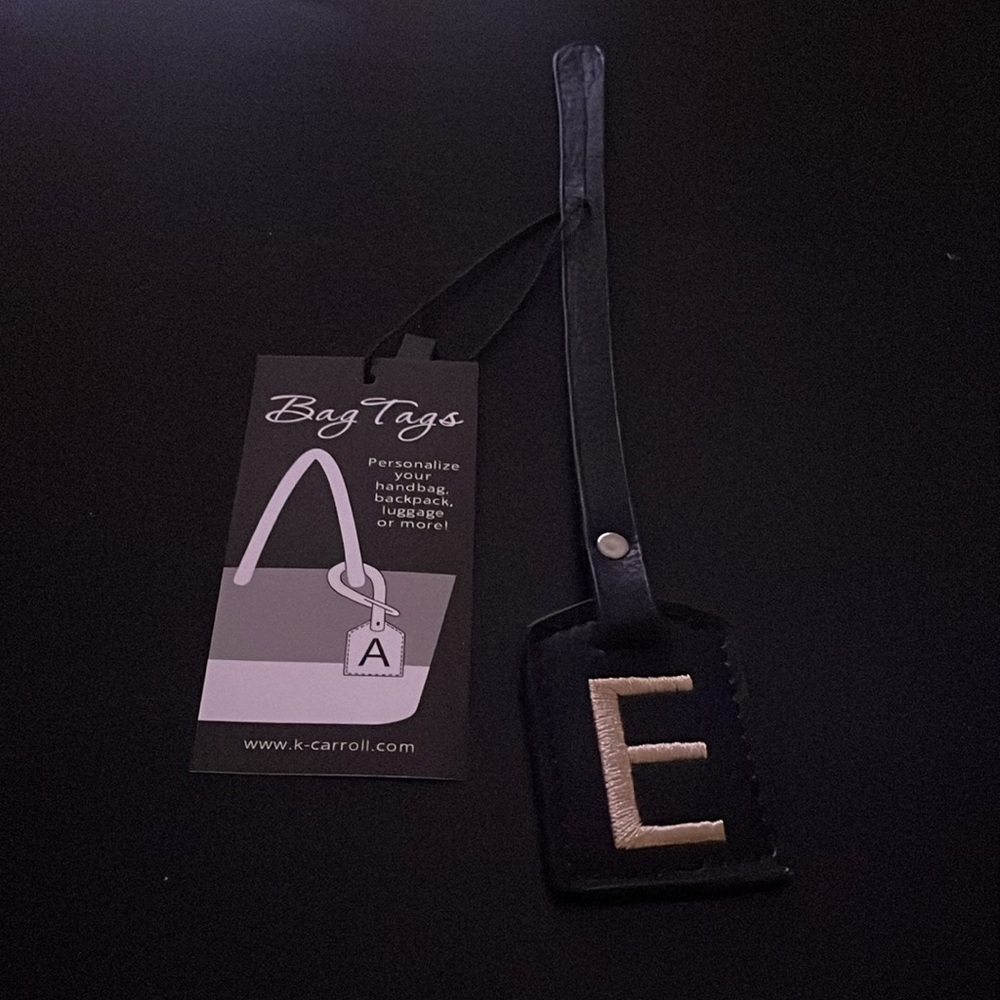 NWT “K•Carroll” Bag Tag for Monogram Letter “E” Black Bag Tag with “Tan” Letter